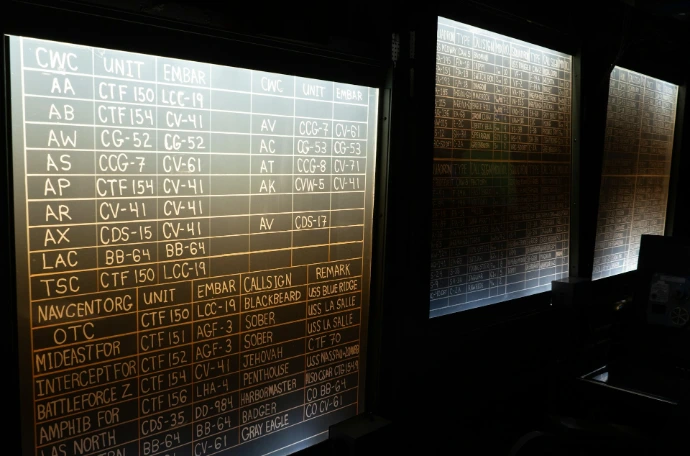 Rows of data displayed on illuminated screens.